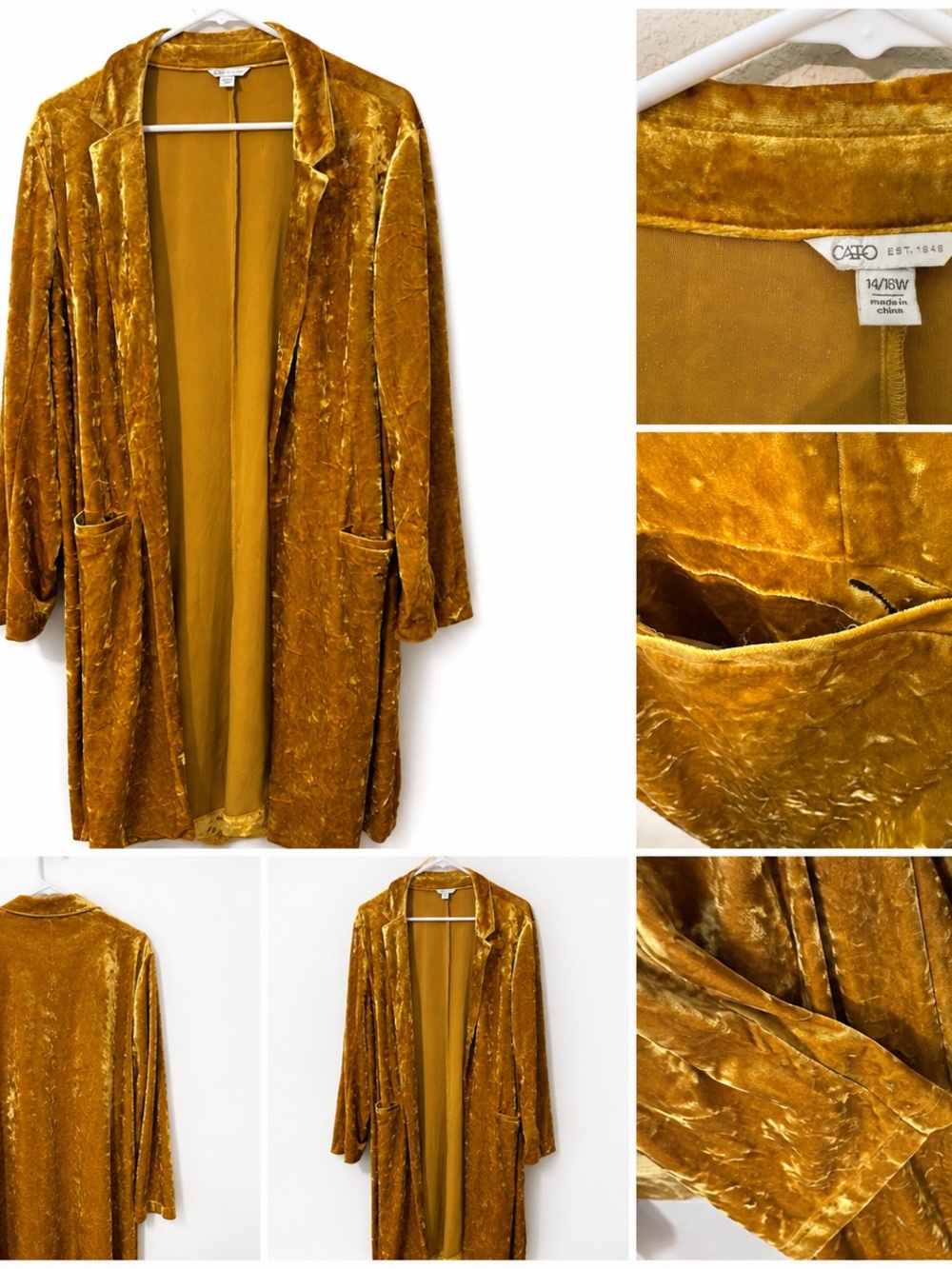 Cato Crushed Velvet Long Duster Robe - Mustard
